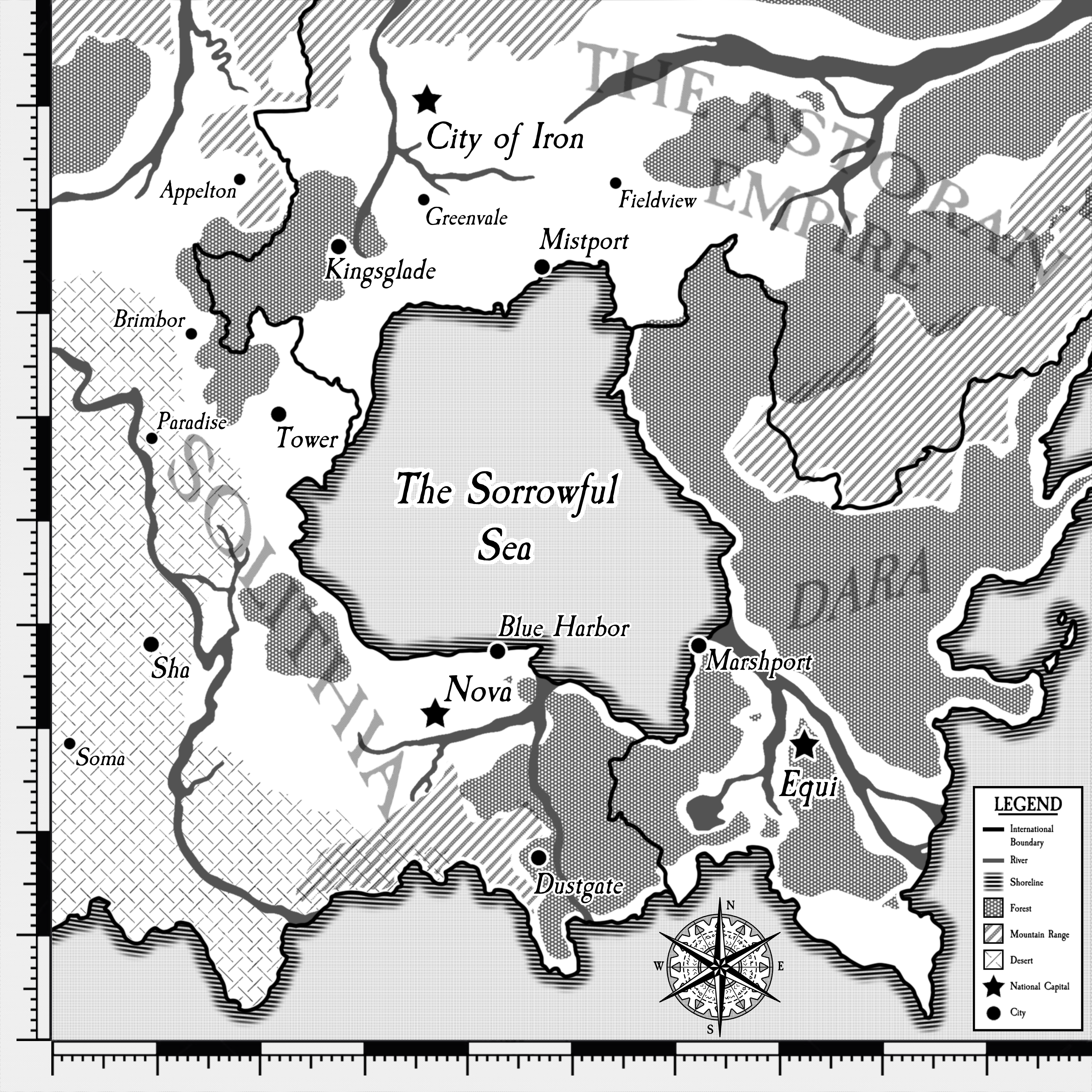 a map of Home, showing the Astoran Empire to the North, Solithia in the West, and Dara in the East. The three countries surround a large body of water labeled as The Sorrowful Sea