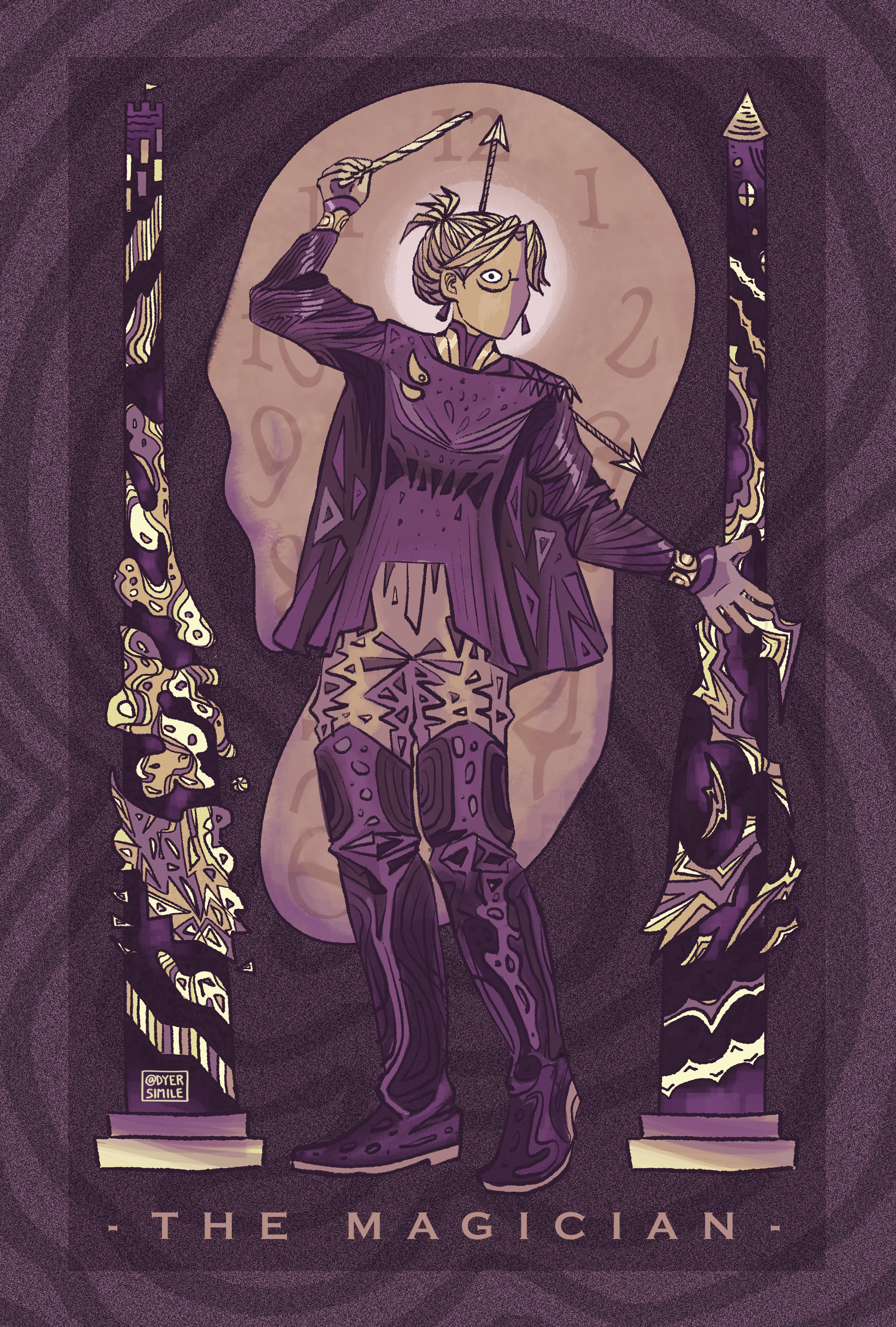 drawing of MP, rendered in purple and yellow. behind her is a melting clock